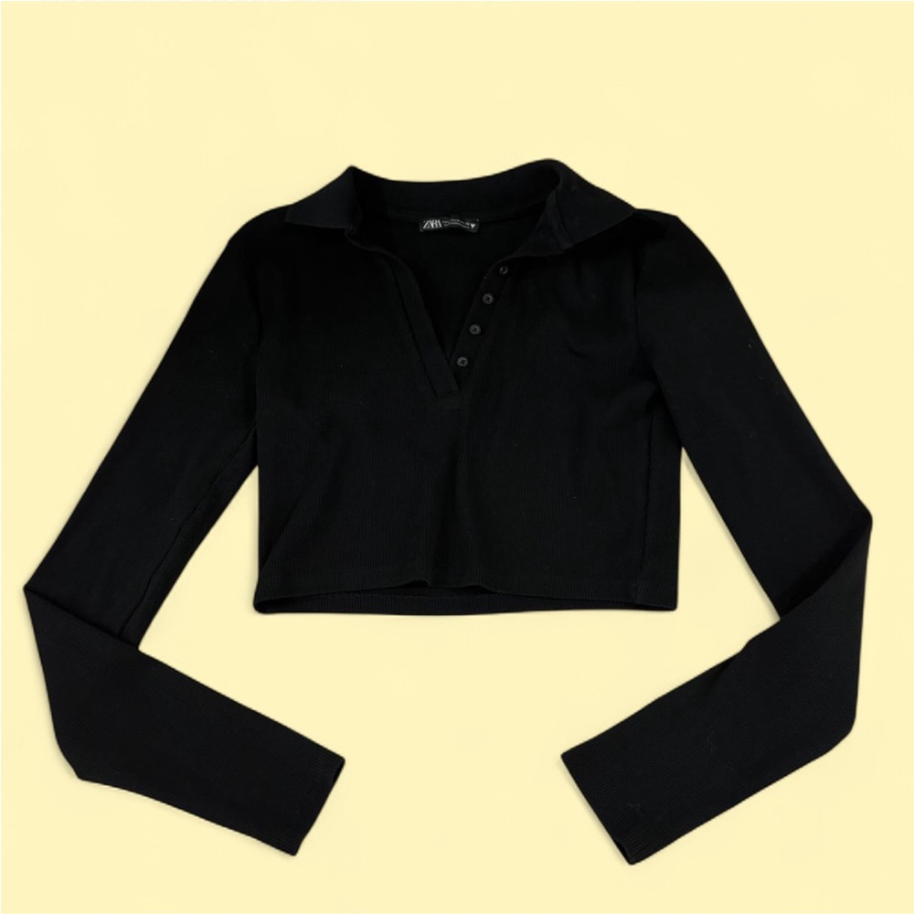 Zara Black Ribbed Button-Up Top